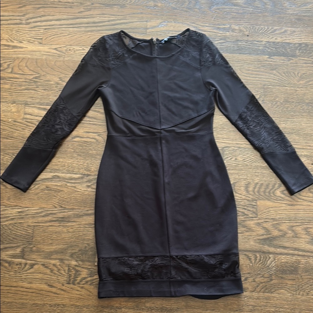French Connection Classic Black Lace-Trim Long Sleeve Dress